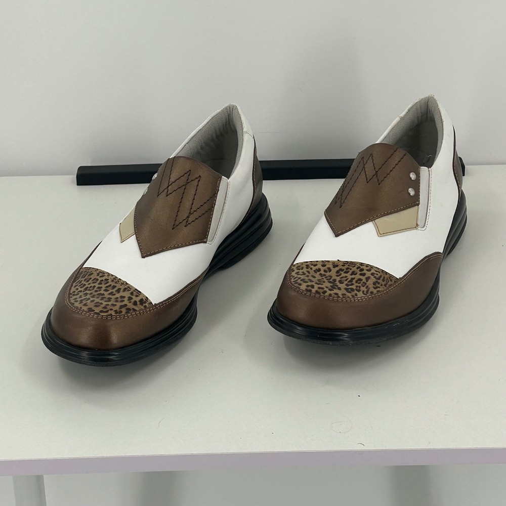 Sandbaggers Pip Golf Shoes Womens 8 Leather Leopard Print Bronze White Slip On